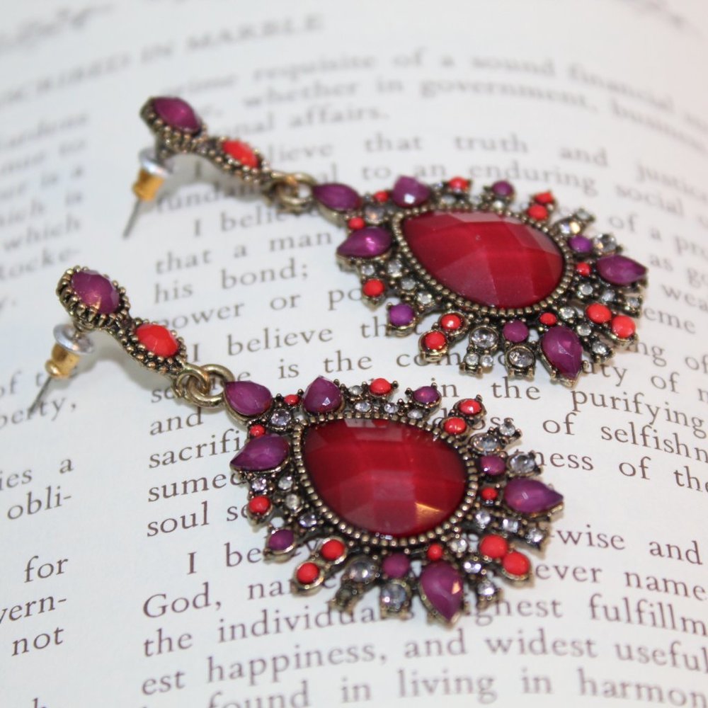 Vtg Inspired Red Pink Rhinestone Cocktail Earrings